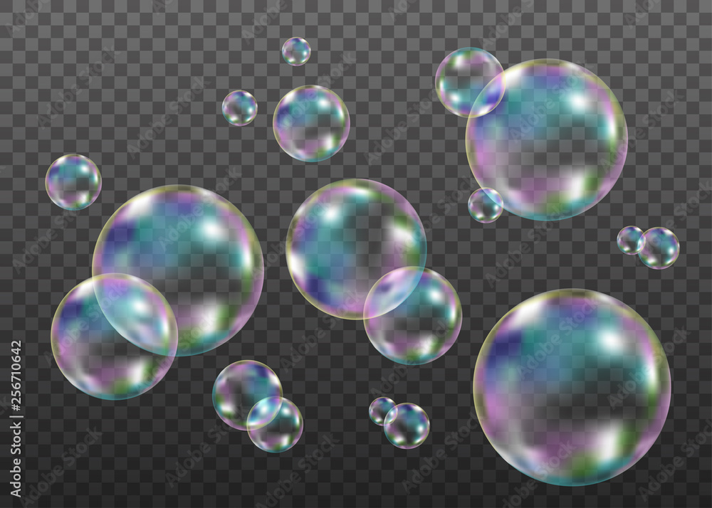 Colorful soap  bubbles with rainbow reflection.