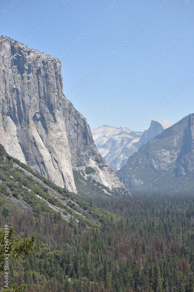 Yosemite National Park, CA., U.S.A. June 26, 2017. Panorama view of Yosemite Valley from the tunnel showing El Capitan, Half-dome, Bridalveil Falls.