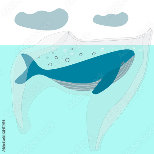 Stop ocean plastic pollution. Ecological poster concept. The whale was captured in a plastic bag. Vector illustration.