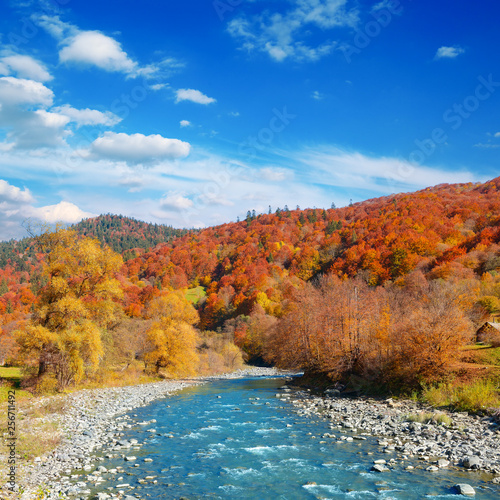 Autumn landscape valley mountain river.