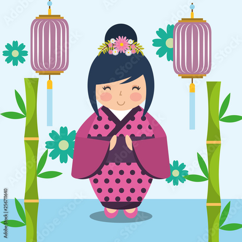 floral decoration chinese lanterns and japanese kokeshi doll in kimono