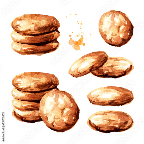 Oat cookies set. Watercolor hand drawn illustration  isolated on white background photo