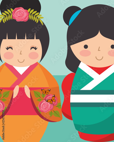 sweet japanese kokeshi dolls in kimono