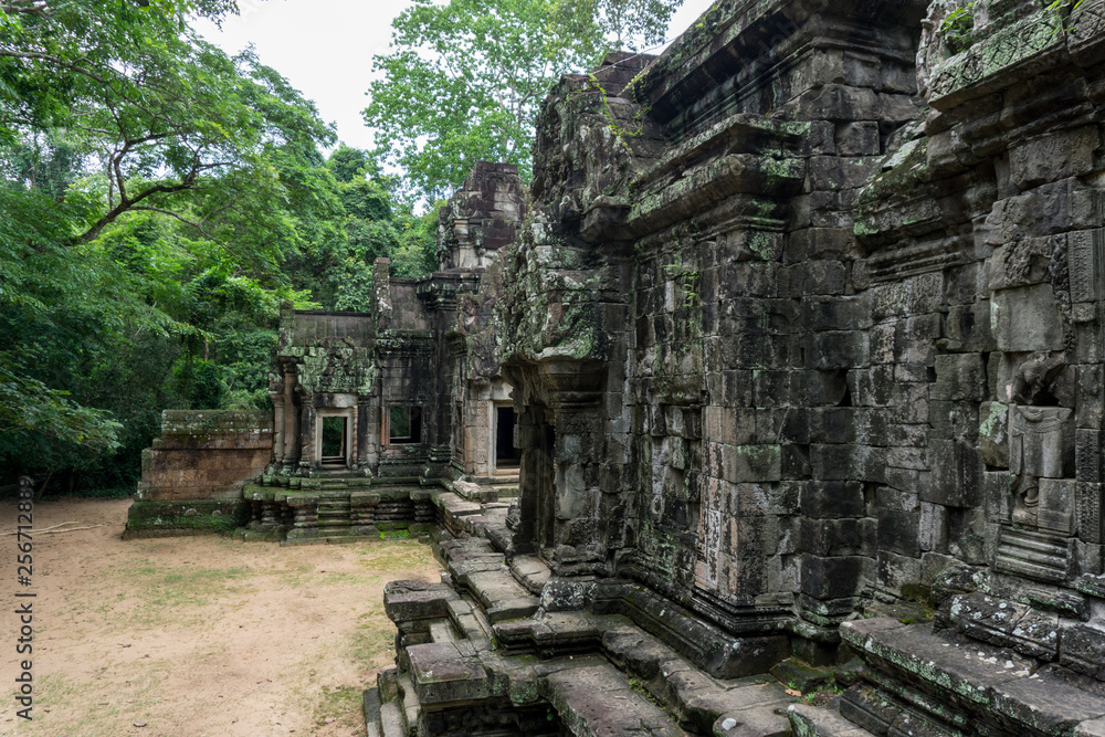 Close up of stone constructions and decoration at the Angkor world heritage site