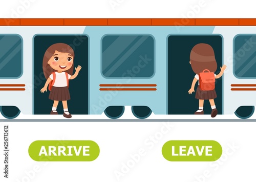 Girl gets out of train, girl gets on train. Arrive and leave illustration. Vocabulary English opposite words.