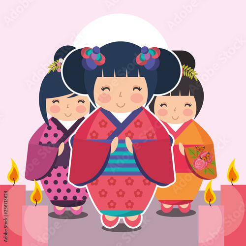 group cute japanese kokeshi doll in kimono