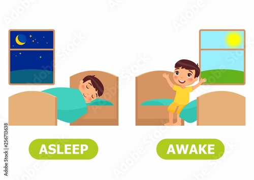 Boy sleeps on bed, boy wakes up and sits on the bed. Asleep and awake illustration. Vocabulary English opposite words