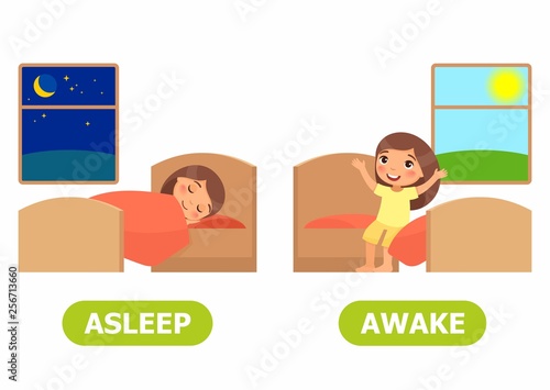 Girl sleeps on bed, girl wakes up and sits on the bed. Opposite wordcard for asleep and awake illustration