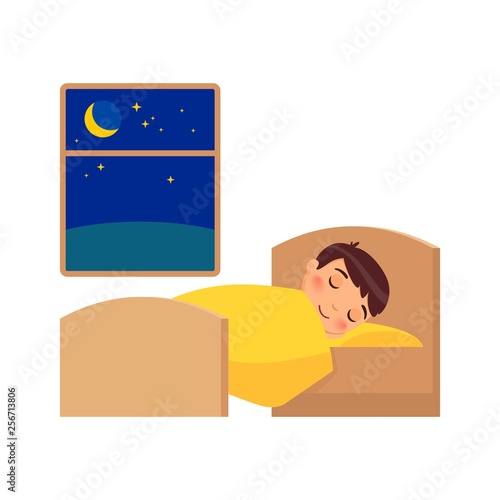 Boy sleeping on the bed. Daily regime, vector illustration