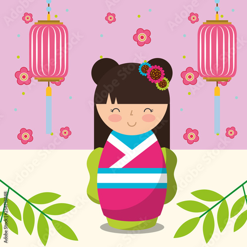 floral decoration chinese lanterns and japanese kokeshi doll in kimono