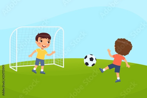 Two boys are playing soccer. Vector illustration
