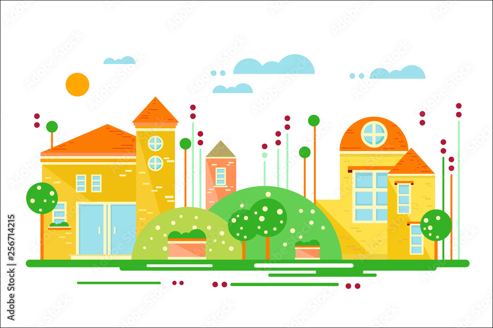 Urban landscape, street with buildings and trees vector illustration in flat style