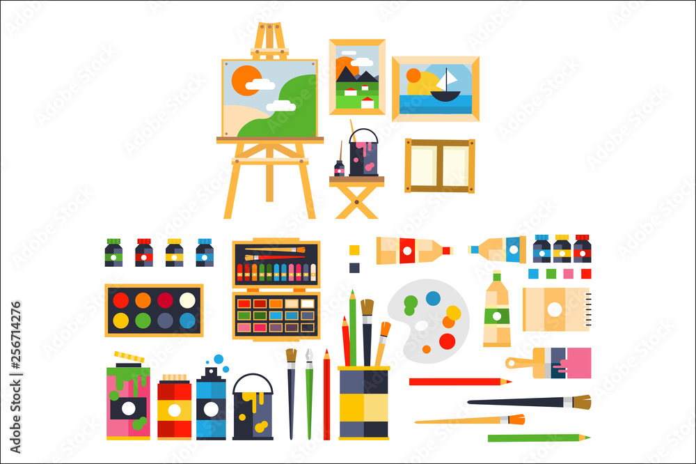 Artist painting tools and artistic materials for painting and creature set vector illustration