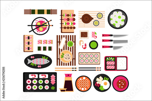 Japanese food set, Asian cuisine dishes top view vector illustration