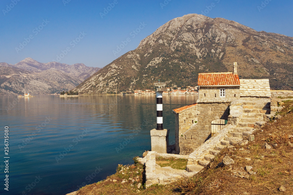 Beautiful Mediterranean  landscape on sunny spring day. Montenegro, Adriatic Sea. View of Bay of Kotor, Church of Our Lady of Angels and two small islands