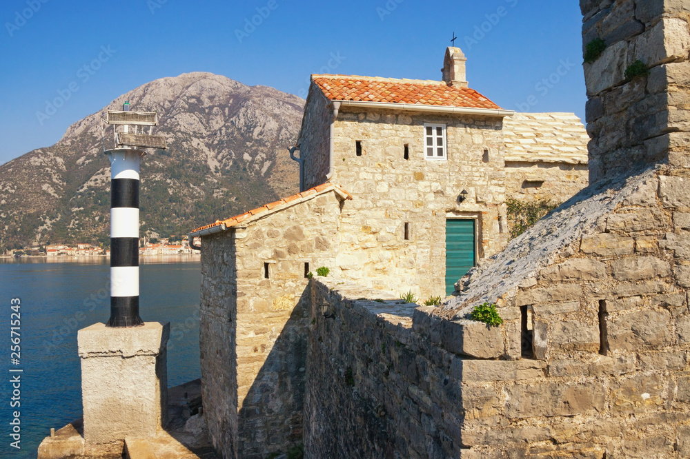 Ancient religious architecture. View of Catholic Church of Our Lady of the Angels.  Montenegro, Adriatic Sea, Bay of Kotor