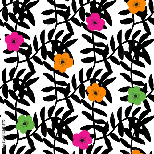 Tropical Flowers and Black Leaves Seamless Pattern. © Natallia