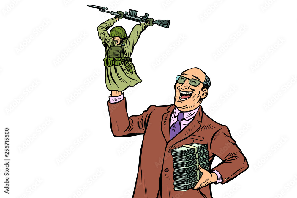 War propaganda. Soldier attacks. Politician with money War propaganda. Soldier attacks. Politician with money