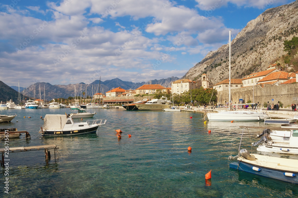 Beautiful Mediterranean landscape. Montenegro. View of Bay of Kotor near Old Town of Kotor city on sunny winter day