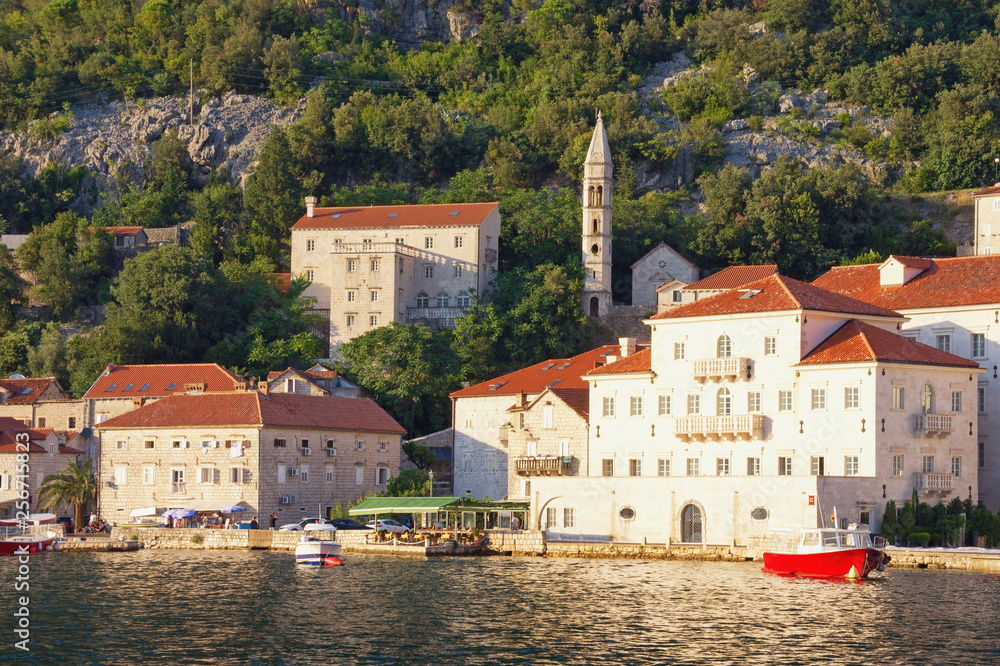 View of ancient town of Perast from the sea on sunny summer day.  Montenegro, Adriatic Sea, Bay of Kotor