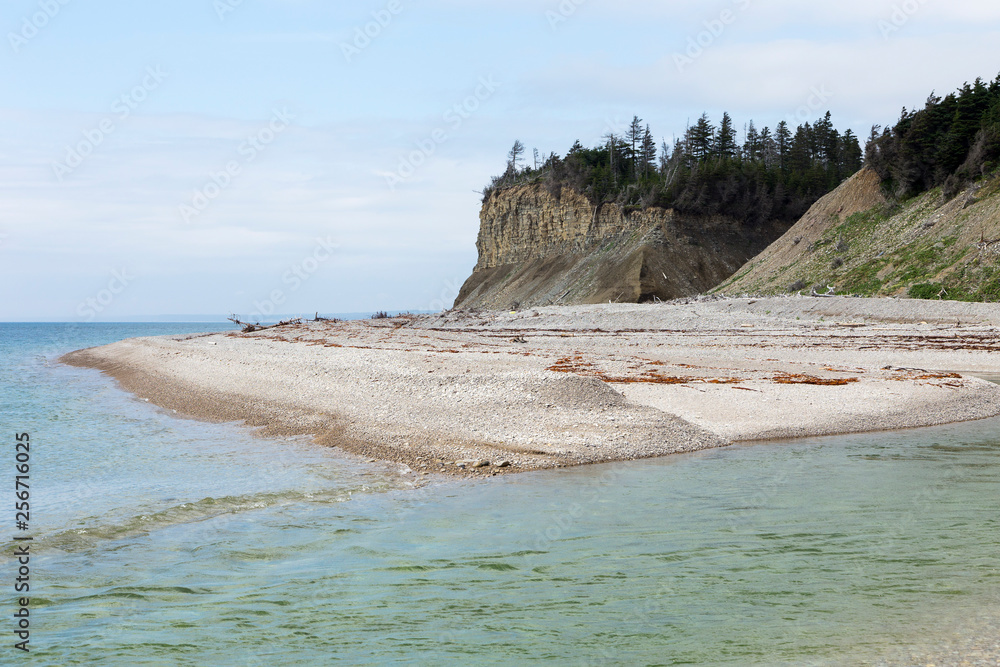 The mouth of the Jupiter River with the Jupiter Cape in the background, Anticosti Island, Quebec, Canada