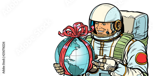 Earth day concept. Astronaut with a gift. Isolate on white background