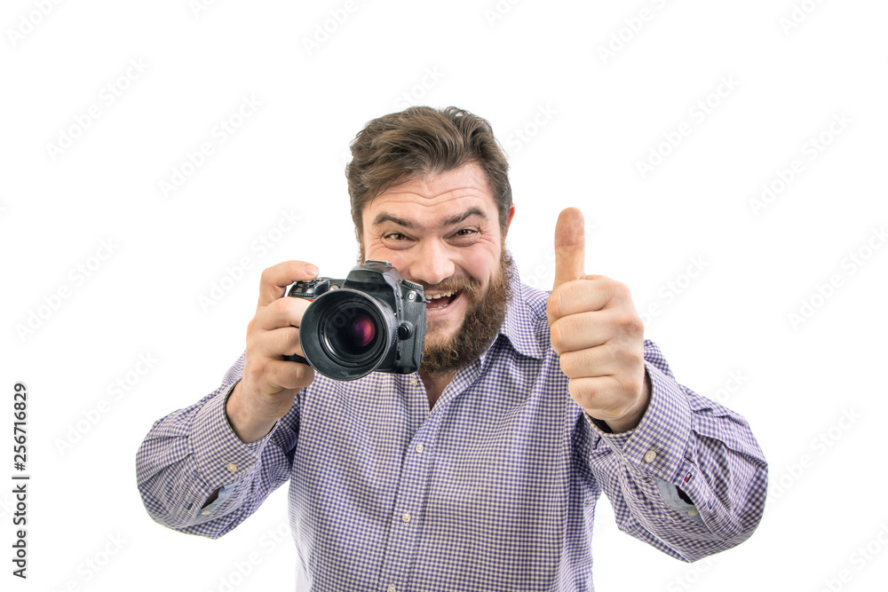 portrait of big handsome bearded photographer taking photo with professional DSLR camera, isolated on white portrait of big handsome bearded photographer taking photo with professional DSLR camera, isolated on white