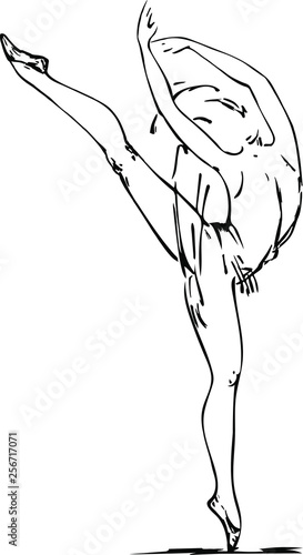 Dancing ballerina. Beautiful ink drawing on white background. Vector illustration. Stock vector illustration. Isolate on a white background. Silhouette. Minimalism.
