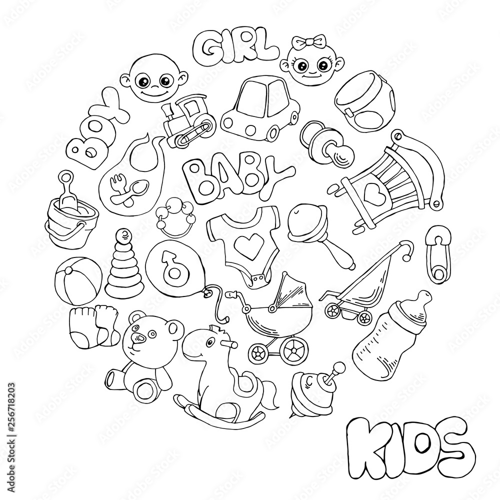 Newborn infant themed cute doodle set. Baby care, feeding, clothing, toys, health care stuff, safety, accessories. Vector drawings isolated