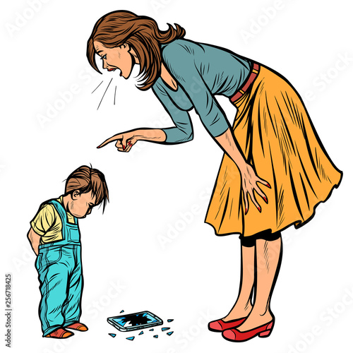 mother and guilty son. broken phone isolate on white background