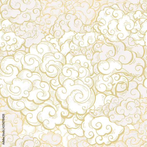 Chinese clouds hand drawn vector seamless pattern. Japanese, oriental style textile ornament. Golden outline swirls, curls background. Asian traditional holidays postcard backdrop, wrapping paper