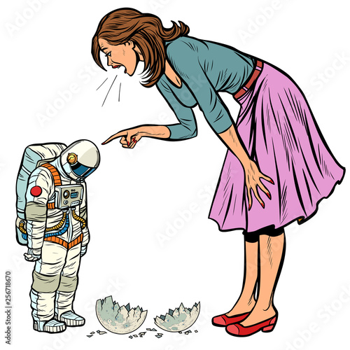 Woman scolds astronaut. The guilty destroyed moon isolate on white background
