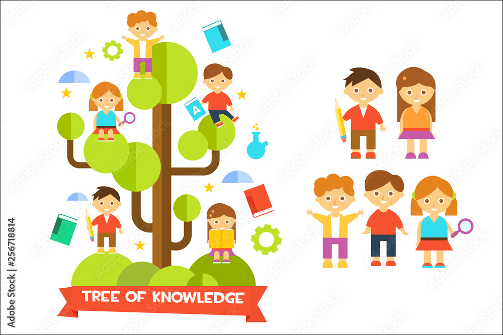 Tree of knowledge with boys ad girls, education concept vector illustration Tree of knowledge with boys ad girls, education concept vector illustration
