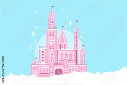 Pink princess castle in white clouds. Fairy tale building. Royal palace with towers, gate, conical roofs and flags. Magic kingdom. Flat vector design for children s book