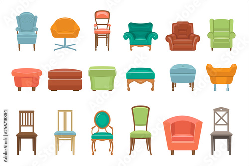 Collection of different types seating. Armchairs, chairs, poufs. Comfortable furniture. Elements for modern home interior. Colorful flat vector icons