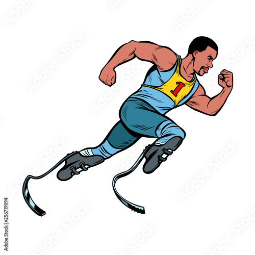 disabled African runner with leg prostheses running forward. sports competition