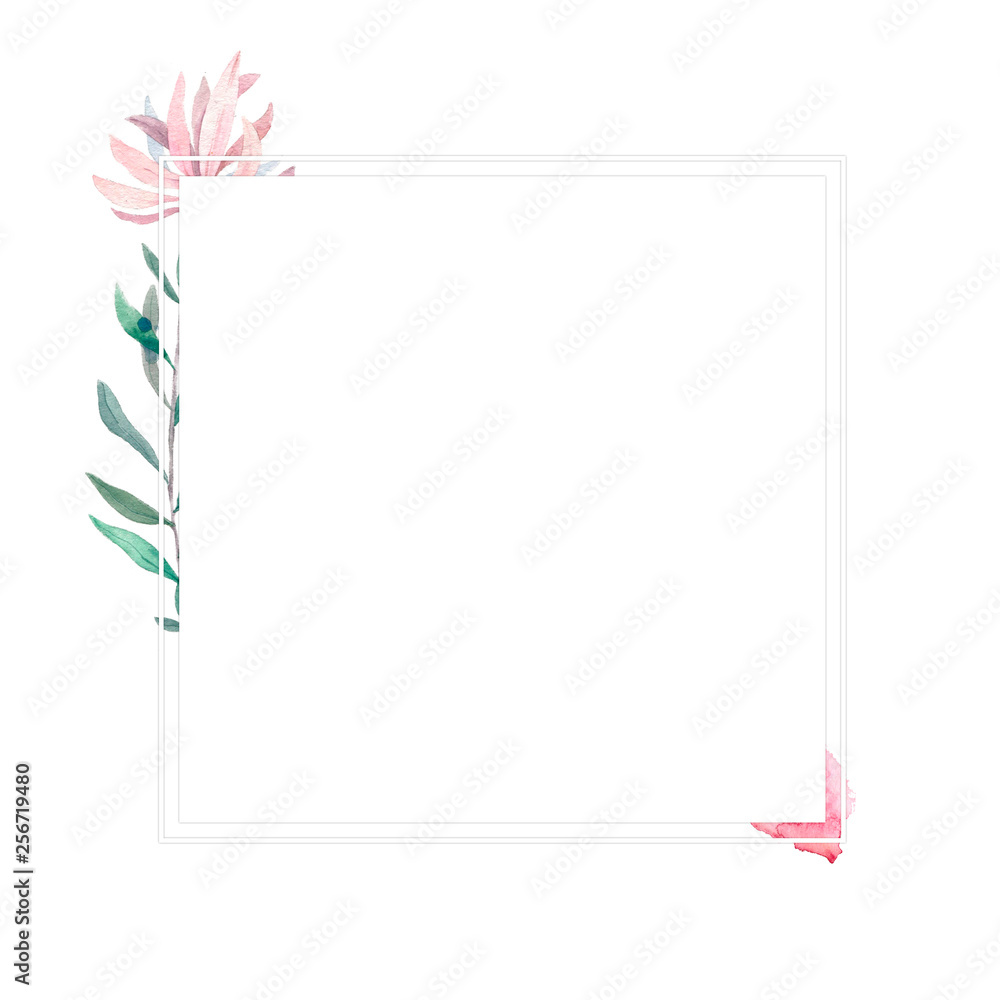Obraz premium Wedding Invitation, floral invite card, pink flowers and green leafs geometric. Rhombus Rectangle frame. White square background. watercolor. Greeting card, tropical set. Living coral