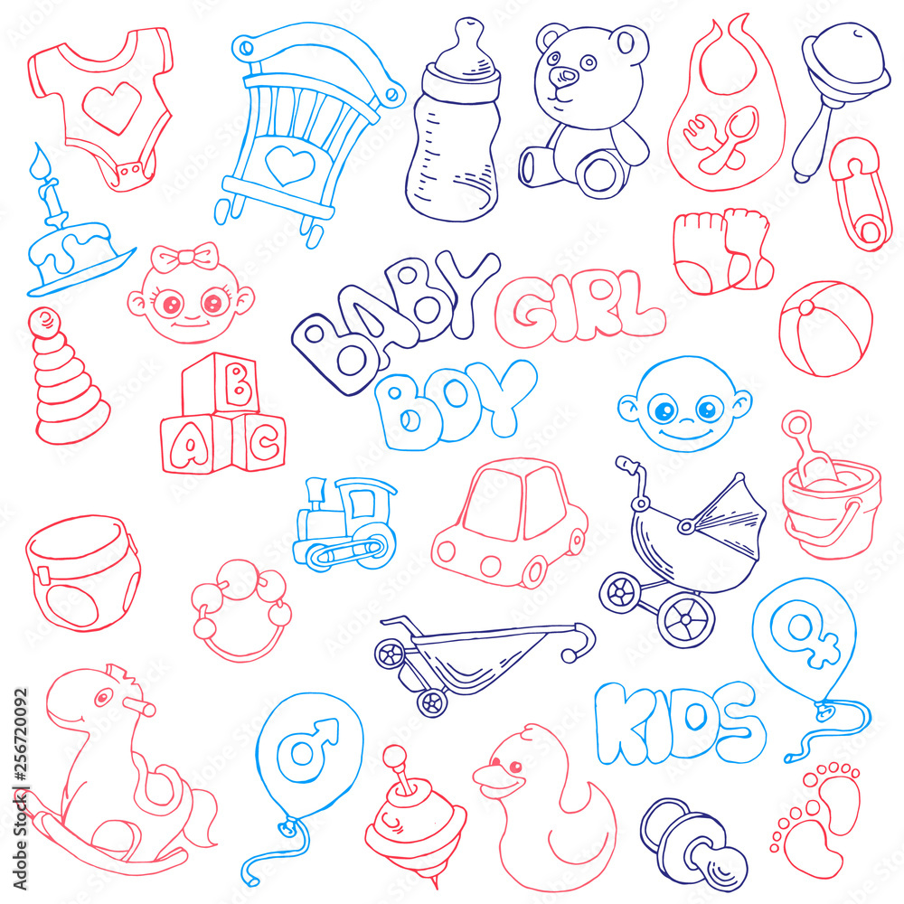Vector hand drawn set of Newborn Baby Care cartoon doodle objects and items. 