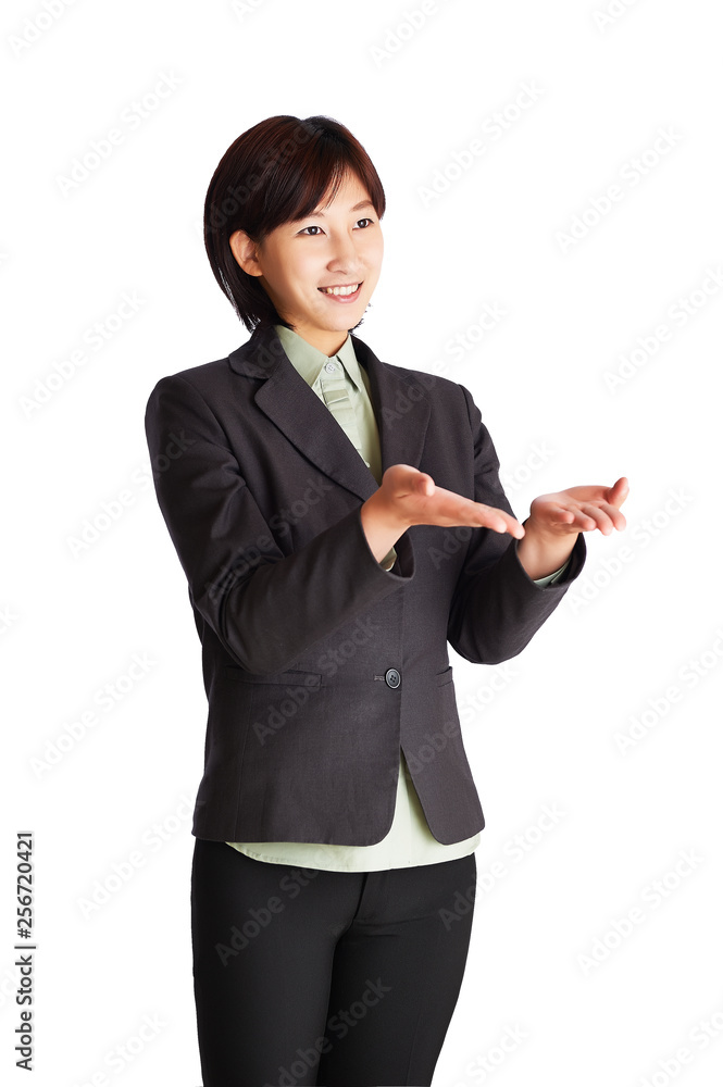 Asian girl with white background with open hands Asian girl with white background with open hands