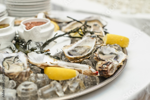 Dish with live oysters on the table in the interior of a luxury restaurant