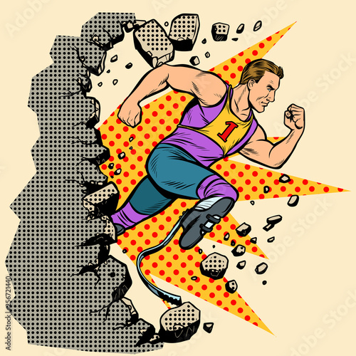 breaks the wall disabled runner with leg prostheses running forward. sports competition