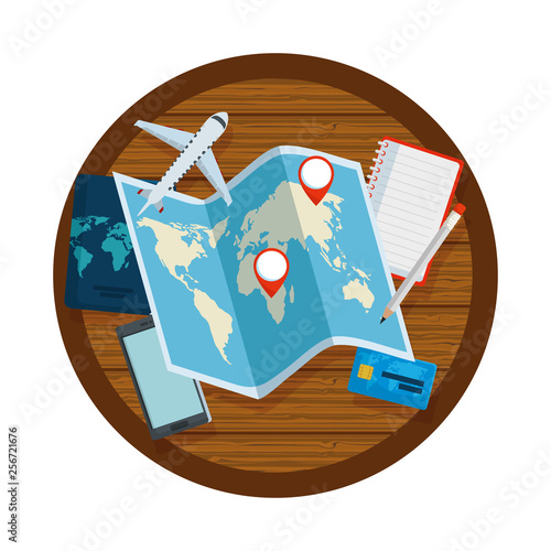 travel tourism icons in wooden table