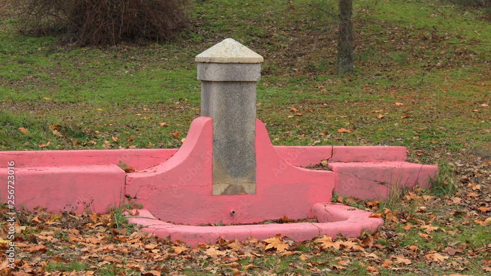 FUENTE DE AGUA EN EL PARQUE RODEADA DE HOJAS Y HIERBA, INVIERNO, OTOÑO, HOJAS, ROSA FUENTE DE AGUA EN EL PARQUE RODEADA DE HOJAS Y HIERBA, INVIERNO, OTOÑO, HOJAS, ROSA