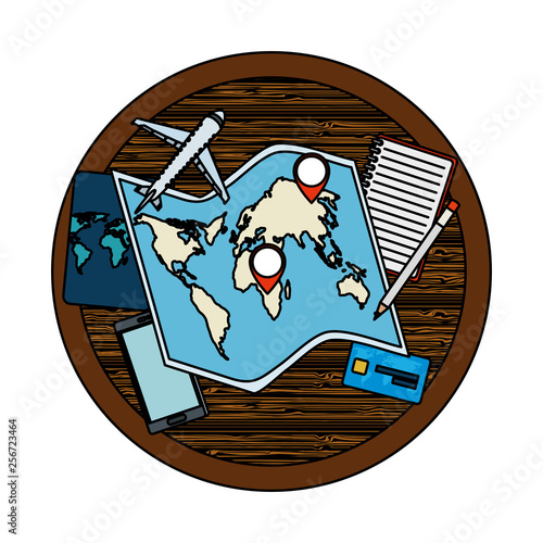travel tourism icons in wooden table
