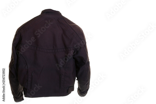 Outfit of Biker black jacket for man motorbike from rear back view