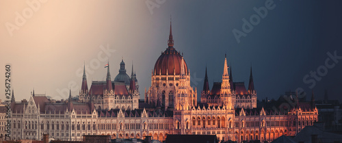 Hungarian Parliament at Budapest day and night time travel sunset