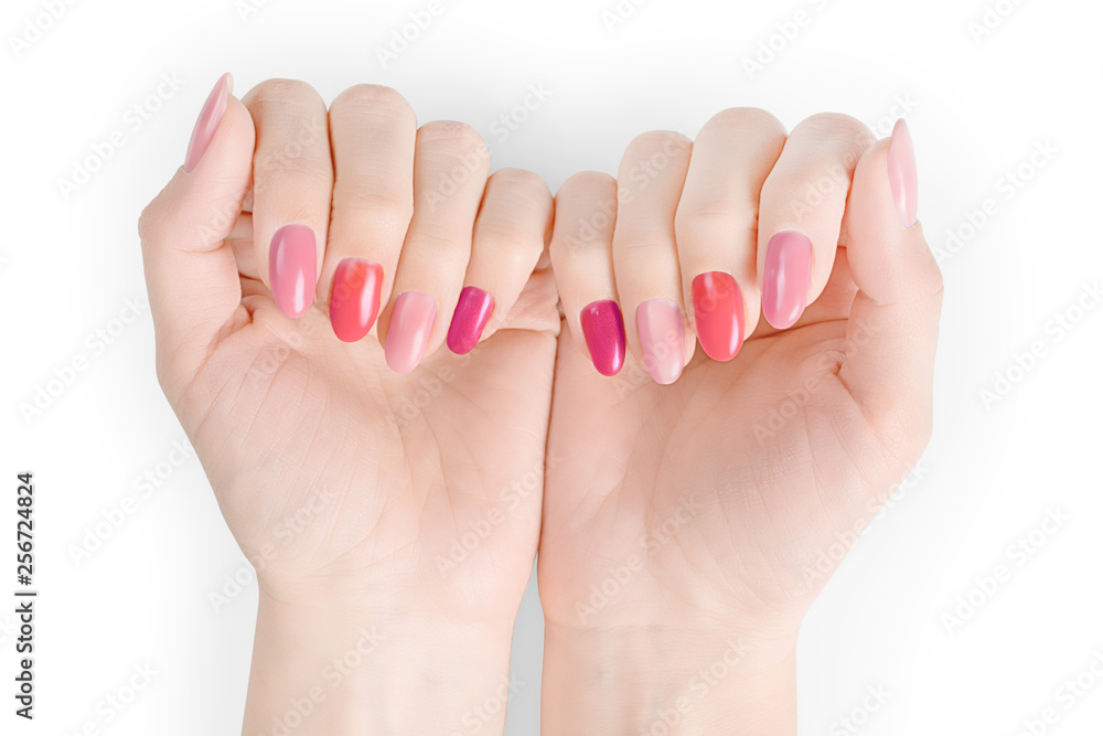 Perfect woman hands with colored nail polish isolated with clipping path