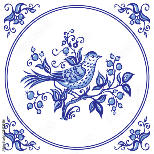 Bird on the bush with berries, decor or painting in the Dutch style, pattern for tiles and other designs. © Ollga P