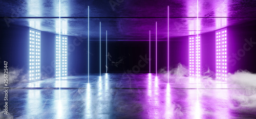 Smoke Neon Virtual Reality Dark Grunge Concrete Background Asphalt Optical Illusion Fluorescent Blue Purple Vibrant Glowing Empty Space Sci Fi Futuristic Spaceship Stage 3D Rendering © IM_VISUALS