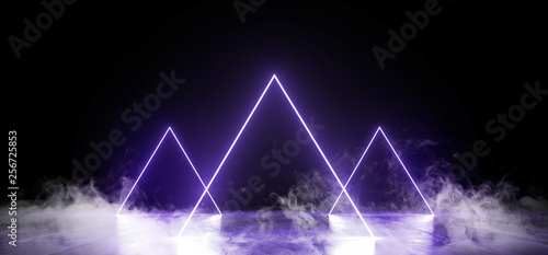 Fototapeta Naklejka Na Ścianę i Meble -  Smoke Neon Dark Grunge Concrete Background Asphalt Optical Illusion Fluorescent Purple Blue Vibrant Glowing Empty Space Sci Fi Futuristic Spaceship Stage 3D Rendering